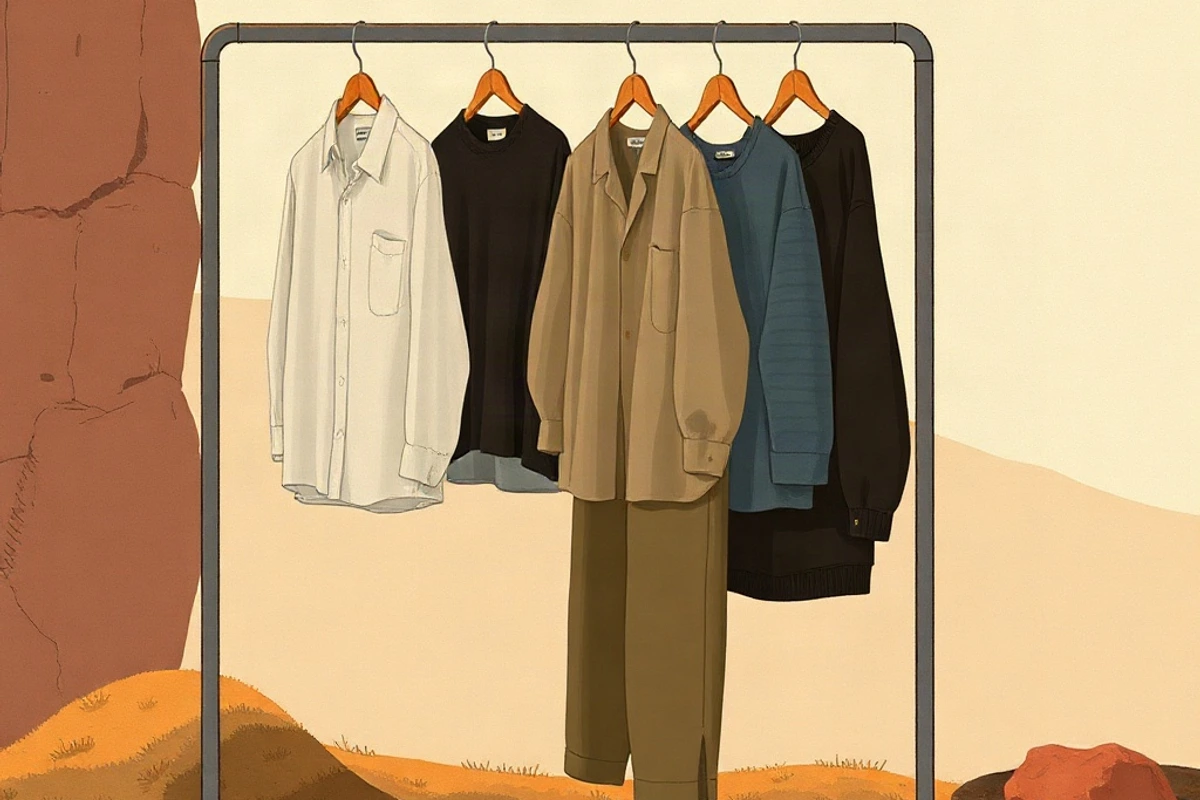 Three neutral clothing anchors arranged with a jacket, knit layer, and simple accessories