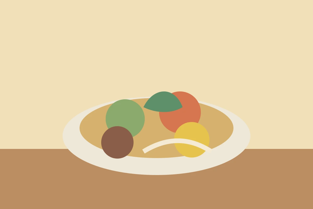A pantry-style dinner bowl with grains, vegetables, beans, and a small dish of sauce