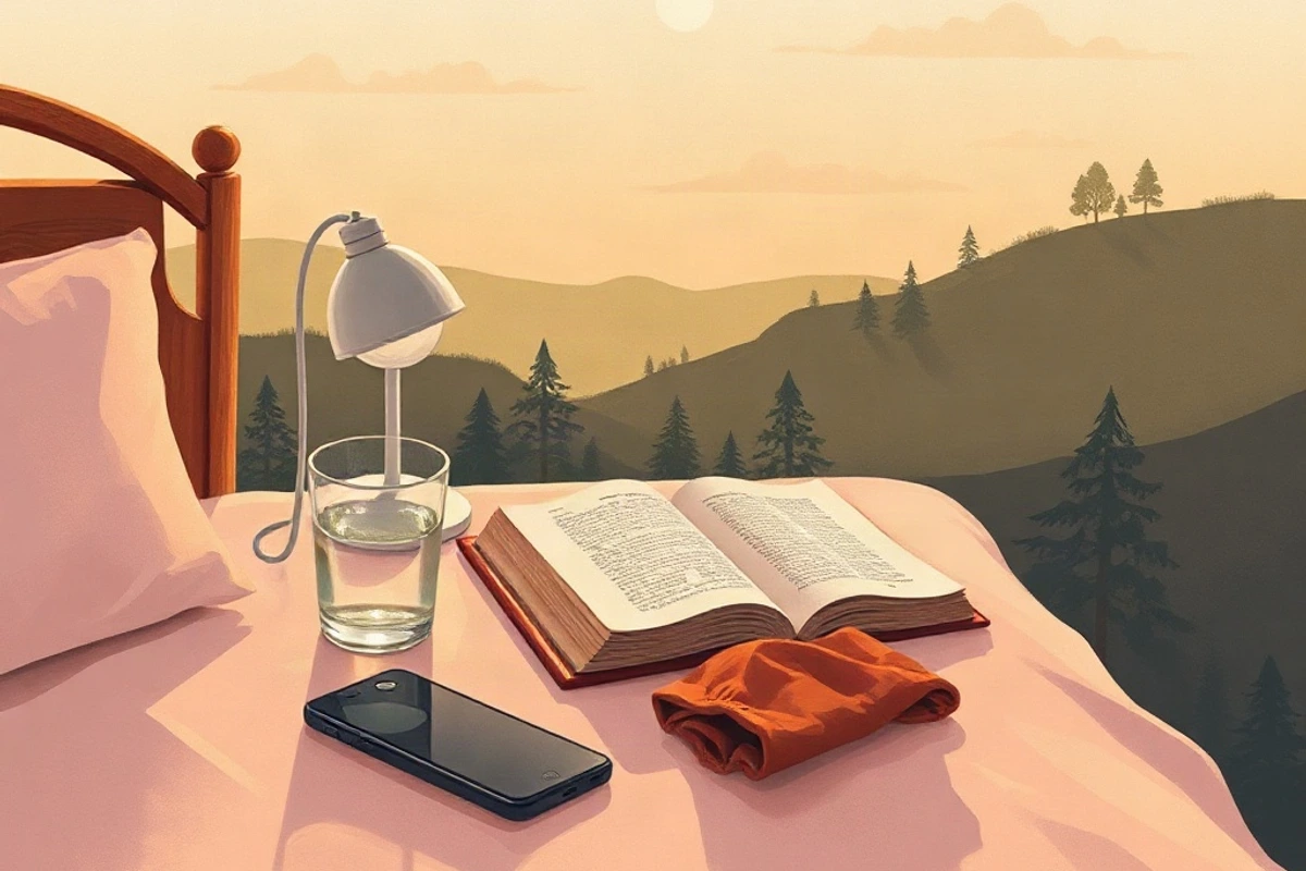 A glass of water and open book beside a lamp in a quiet corner for a short pause